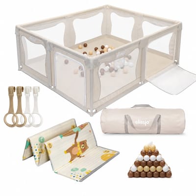Elissio® - Grondbox Baby – Inclusief Dubbelzijdige Speelmat – Baby Speelbox met 50x Speelballen - Kinderbox - Playpen - 180x150 CM - Beige