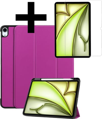 Hoes - Geschikt voor Apple iPad Air (2024/2025/2026) - 11 inch - Met Screenprotector - Trifold Bookcase - Hard Cover Case - Met Uitsparing Geschikt voor Apple Pencil - Hardcover Book - Tablet Hoesje - Paars
