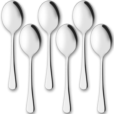 Serveerlepelset, roestvrijstalen lepel, soeplepel, slalepel, rijstlepel, eetlepel, tafellepel voor groot buffet, banket, bestek, keuken, restaurant, serveerbestek, zilveren lepel, 6 stuks, 25 cm