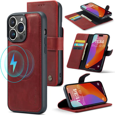 Casemania Echt Leren Hoesje Geschikt voor Apple iPhone 15 Pro - Crimson Red - 2-in-1 Magnetisch Afneembare Book Case - Portemonnee Hoes met Pasjeshouder - Geschikt voor MagSafe