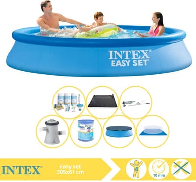 Intex Rond Opblaasbaar Easy Set Zwembad - 305 x 61 cm - Blauw - Inclusief Pomp - Afdekzeil - Onderhoudspakket - Filter - Grondzeil - Stofzuiger - Solar Mat - 8-delig