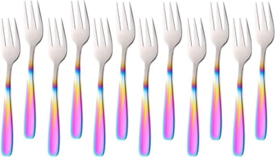 Taartvorken, 12 stuks, dessertvorken, taartvorken van roestvrij staal, fruitvorken, kleine vork voor bruiloft, cake, thee, 13,6 cm lang (kleurverloop regenboog)