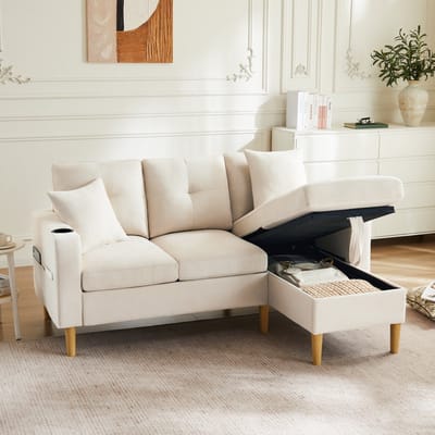 L-vormige moderne sofa - driezitsbank met chaise longue - met opbergfunctie - ingebouwde bekerhouder - met 2 kussens - beige