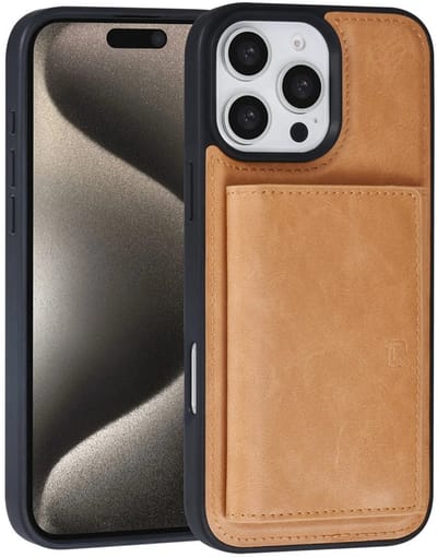 Hoesje met Pasjeshouder - Geschikt voor iPhone 16 Pro Max - Backcover met afneembare Pasjeshouder - Lichtbruin