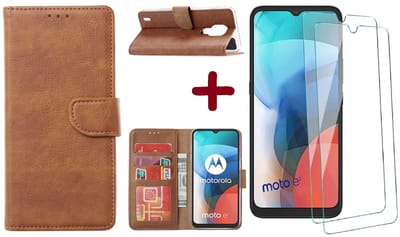 Geschikt voor Moto E7 hoesje - Geschikt voor Moto E7 wallet case portemonnee - Geschikt voor Moto E7 bookcase cover Bruin met - Geschikt voor Moto E7 screenprotector / 2 pack tempered glass