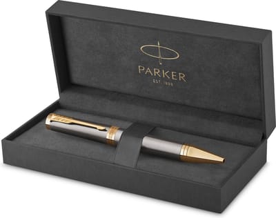 Parker Ingenuity Ballpoint Pen | Grey Lacquer with Gold Trims | Medium Point | Black Ink Refill | Gift Box