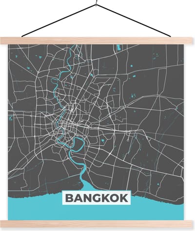Posterhanger incl. Poster 40x40 cm - Schoolplaat - Bangkok - Blauw - Plattegrond - Kaart - Stadskaart - Textielposter - Blanke latten - Stadskaart