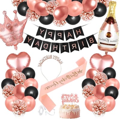 Verjaardagsdecoratie meisjes - roségoud zwart - Happy Birthday banner - slinger confettiballonnen - 18 20 30 40 50 60e