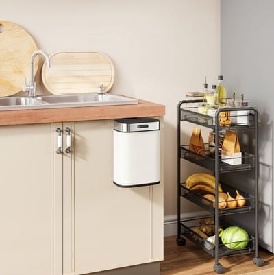 MEUNIQ Prullenbak 5 L hangend of vrijstaand met deksel en uitneembare binnenemmer, RVS afvalemmer voor keuken, kantoor of kleine ruimte, crèmewit