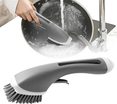 Afwasborstel met Zeepdispenser - Reinigingsborstel met Lange Steel en Zeepdispenser - Reinigingsborstel met Handvat - Afwasborstel - Voor Keuken - Geschikt voor Potten, Kommen, Lepels, Kommen, Gootstenen en Afwasmiddel - Grijs