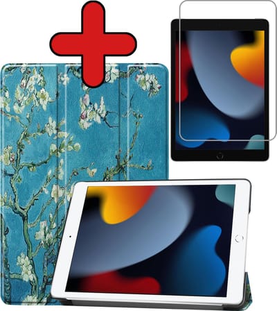 Hoesje - Geschikt voor Apple iPad 9 (2021) - 10.2 inch - 9e Generatie - Met Screenprotector - Hardcover Book Case - Trifold Bookcase Hoes - Hard Cover - Tablethoes - Bloesem