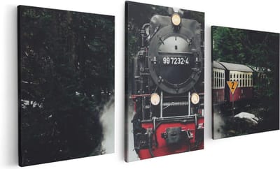 Artaza Canvas Schilderij Drieluik Locomotief in de Bossen met Stoom Wolken  - 120x60 - Foto Op Canvas - Canvas Print