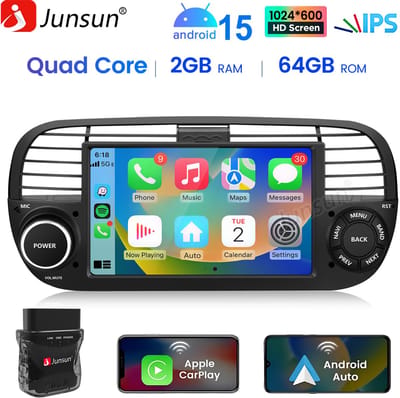 JUNSUN Autoradio - Geschikt voor Fiat 500 2007-2015 Accessoires, - Android 15 - 2+64 GB - Draadloos Carplay & Android Auto - GPS Navi & SWC & Bluetooth & Wifi & DSP