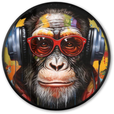 Poster in lijst Rond - Fotolijst 60x60 cm - Posters - Chimpansee - Aap - dieren - Graffiti - Bril - Koptelefoon - Kleuren - Ronde posterlijst zwart - Decoratie - Wanddecoratie woonkamer - Muurdecoratie slaapkamer