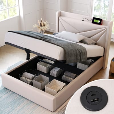 STILVORA Eenpersoonsbedden 90x200 cm - Bedbodem Met Lattenrost En USB Opladen - Gestoffeerd Katoenen Bed - Beige