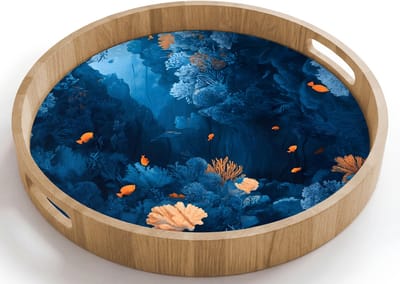 Dienblad rond 40x40 cm - Schootdienblad hout - Koraalrif - Vissen - Oceaan - Blauw - Borrelplank rechthoek - Plateau houten dienbladen