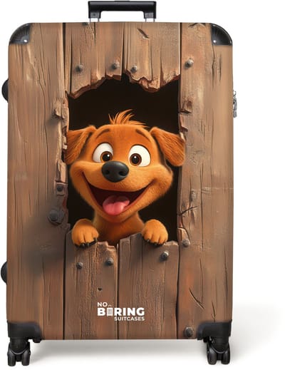 NoBoringSuitcases.com® - Kinderkoffer - Kindertrolley jongen en meisje - Vrolijke hond kijkt door kapot houten hek - Koffer kind groot - Rolkoffer met 4 wielen - Grote trolley XL - 98 liter bagage