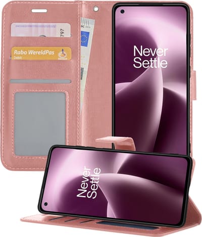 Hoesje - Met Pasjeshouder - Geschikt voor OnePlus Nord 2T - Luxe Bookcase Portemonee - Flip Case - Kunstleer Book Case - Flipcase - Book Cover - Walletcase - Portemonneehoes - Telefoonhoesjes - Rosé goud