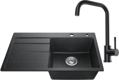 SOFETIY MAX Granieten Spoelbak 78x45CM Zwart - Spoelbakken Keuken Met Lagedruk keukenkraan - Spoelbak Met Planchet en Afdruiprek - Spoelbakken Incl. Sifon en Afvoerzeefje