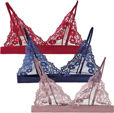 Drie-delige vrouwelijke kanten bh zonder beugel met transparante cups en push-up effect in maat S-L