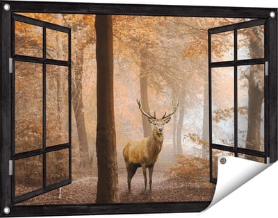 Gards Tuinposter Doorkijk Hert in het Bos - Herfst - 90x60 cm - Tuindoek - Tuindecoratie - Wanddecoratie buiten - Tuinschilderij