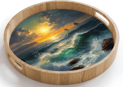 Dienblad rond 40x40 cm - Schootdienblad hout - Zee - Zon - Golven - Rotsen - Borrelplank rechthoek - Plateau houten dienbladen