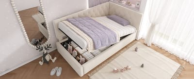 Kinderbed 90x200 - Opbergbed Met Slaapbank - Beige Fluwelen Daybed