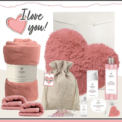 Geschenkset “I love you!” - 10 producten - 1580 gram | Triomf Original - Giftset voor haar - Cadeau Valentijnsdag - Luxe wellness cadeaubox Vrouw - Ik hou van jou - Cadeaupakket Kerst - Geschenk Pakket Verjaardag - Gift Set Valentijn Vriendin - Roze