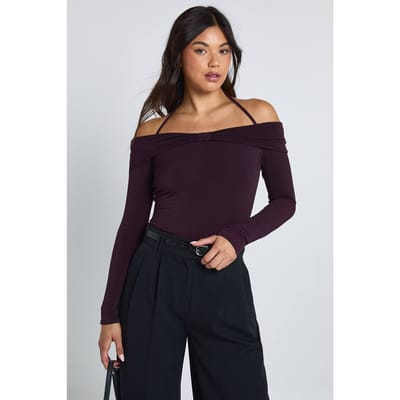 boohoo Dames Slinky Strik Bardot Detail Top | Pruim | Maat: 42