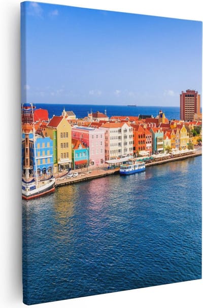 Artaza Canvas Schilderij Willemstad - 40x50 cm - Wanddecoratie Curacao - Muurdecoratie Kleurrijke Gevels - Schilderijen Op Canvas Haven