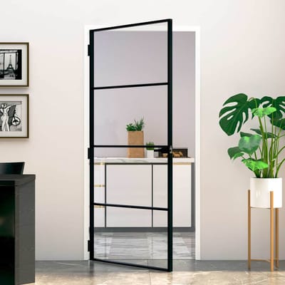 vidaXL - Binnendeur - 93x201,5 - cm - gehard - glas - en - aluminium - smal - zwart