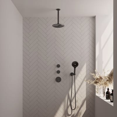 Brauer Gunmetal Edition thermostatische inbouw regendouche SET 11 met 20 cm douchekop en plafondarm en 3-standen handdouche en doucheslang en wandaansluitbocht gunmetal geborsteld PVD