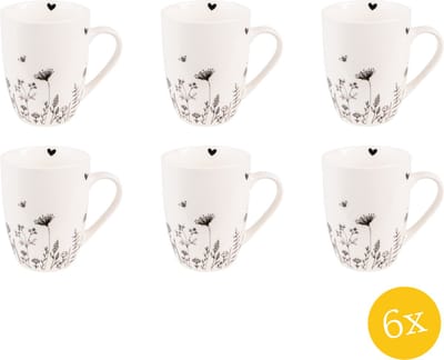 Clayre & Eef Mok set van 6 stuks 300 ml Beige Zwart Porselein Bloemen Theemok