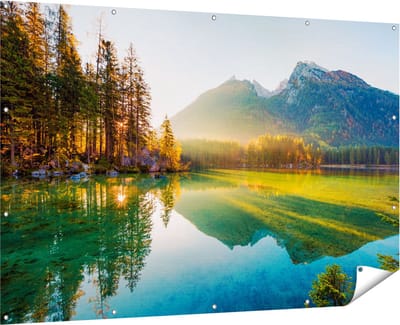 Gards Tuinposter Zonsopgang bij het Meer in de Herfst - 180x120 cm - Tuindoek - Tuindecoratie - Wanddecoratie buiten - Tuinschilderij