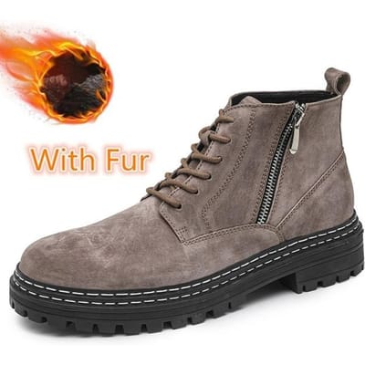 Mode Koeienleer Suède Herenschoenen Herfst Winter Casual Enkellaarzen Outdoor Warm Sneeuwschoenen Vetersluiting Rits Schoenen Motorlaarzen 44 gray