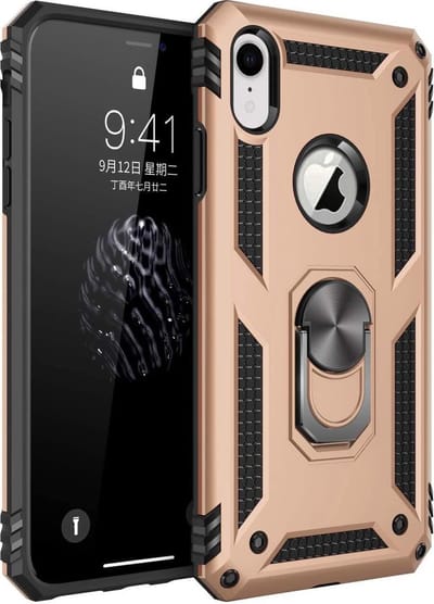 HB Hoesje Geschikt voor Apple iPhone XR - Anti-Shock Hybrid Armor Back Cover - Hoes met Kickstand Ring - Goud
