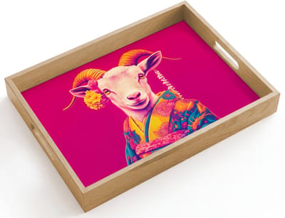 Dienblad hout 40x30 cm - Schootdienblad - Geit - Hoorns - Kimono - Kleurrijk - Borrelplank rechthoek - Plateau dienbladen