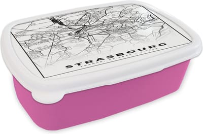 Broodtrommel Roze - Lunchbox - Brooddoos - Frankrijk - Kaart - Strasbourg - Plattegrond - Stadskaart - Zwart wit - 18x12x6 cm - Kinderen - Meisje