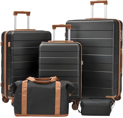 Reisset – Voor reizigers – 5-delig, lichtgewicht en duurzaam – Beige, met reistas, toilettas, TSA-slot en spinnerwielen