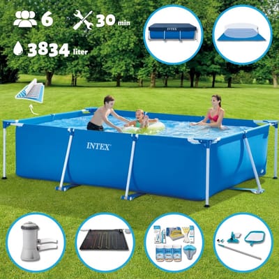 Intex Zwembad - Opzetzwembad - Rechthoekig - 300 x 200 x 75 cm - Blauw - Inclusief Pomp - Verwarmingsmat - Chloorpakket - Onderzeil - Afdekzeil - Schoonmaaktset