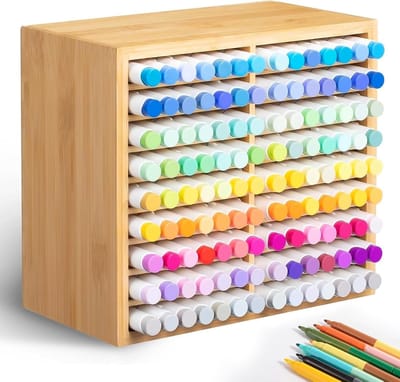 Famanu – Bamboe marker organizer met 18 vakken – opslag voor tot 126 markers/viltstiften – klas en kantoor