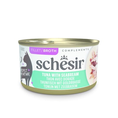 12x 70g Schesir Complements in Brühe Thunfisch mit Dorade Katzenfutter nass