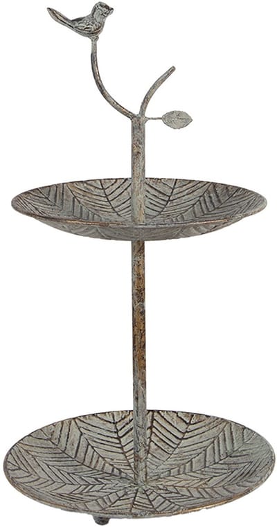 Clayre & Eef Etagère 2 laags Ø 26x48 cm Groen Bruin Metaal Vogel