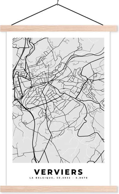 Posterhanger incl. Poster 40x60 cm - Schoolplaat - België – Verviers – Stadskaart – Kaart – Zwart Wit – Plattegrond - Textielposter - Blanke latten - Stadskaart
