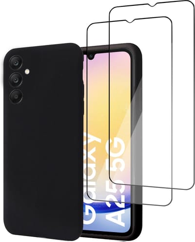 Geschikt voor Samsung Galaxy A25 - Hoesje + 2x Screenprotector – Full Cover Gehard Glas – Suède Back Cover Case Zwart