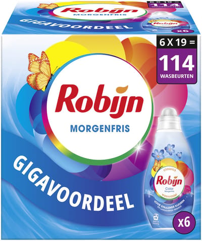 Robijn - Vloeibaar Wasmiddel - Klein & Krachtig - Morgenfris - 6 flessen 114 wasbeurten - Voordeelverpakking
