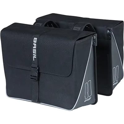 Basil Forte - Dubbele fietstas - 35L - Waterafstotend polyester- Aansnoerband en verstelbare sluiting - Reflectie details - Zwart/Zwart