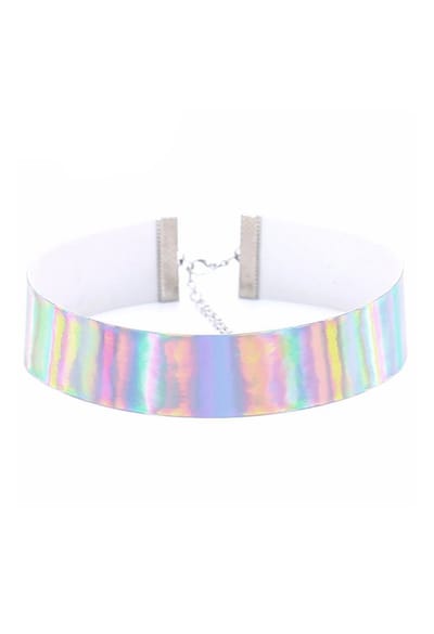 KIMU® Choker Zilver Iridescent - Holografische Ketting Halsband Collar PVC - Sexy Zilveren Nekband Regenboog Pastel Halsbandje Halsketting Y2K 90's Nineties Cybergoth Punk Festival