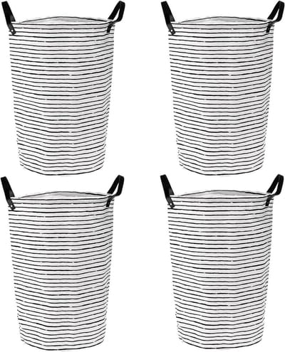Vouwbare Wasmand Set van 4, 35 x 60 cm, Zwart-Wit Gestreept, Met Handvatten, Ideaal voor Kleding, Handdoeken en Badkamer Organisatie
