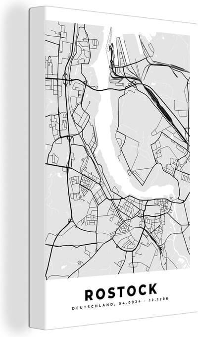 Canvas Schilderij Rostock - Plattegrond - Kaart - Stadskaart - Duitsland - 20x30 cm - Wanddecoratie